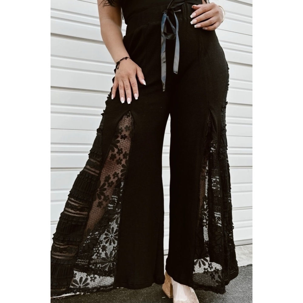 POL Black Rib Knit Lace Panel Flare Pants | Patchwork Wide Leg Pull On - Picture 12 of 13